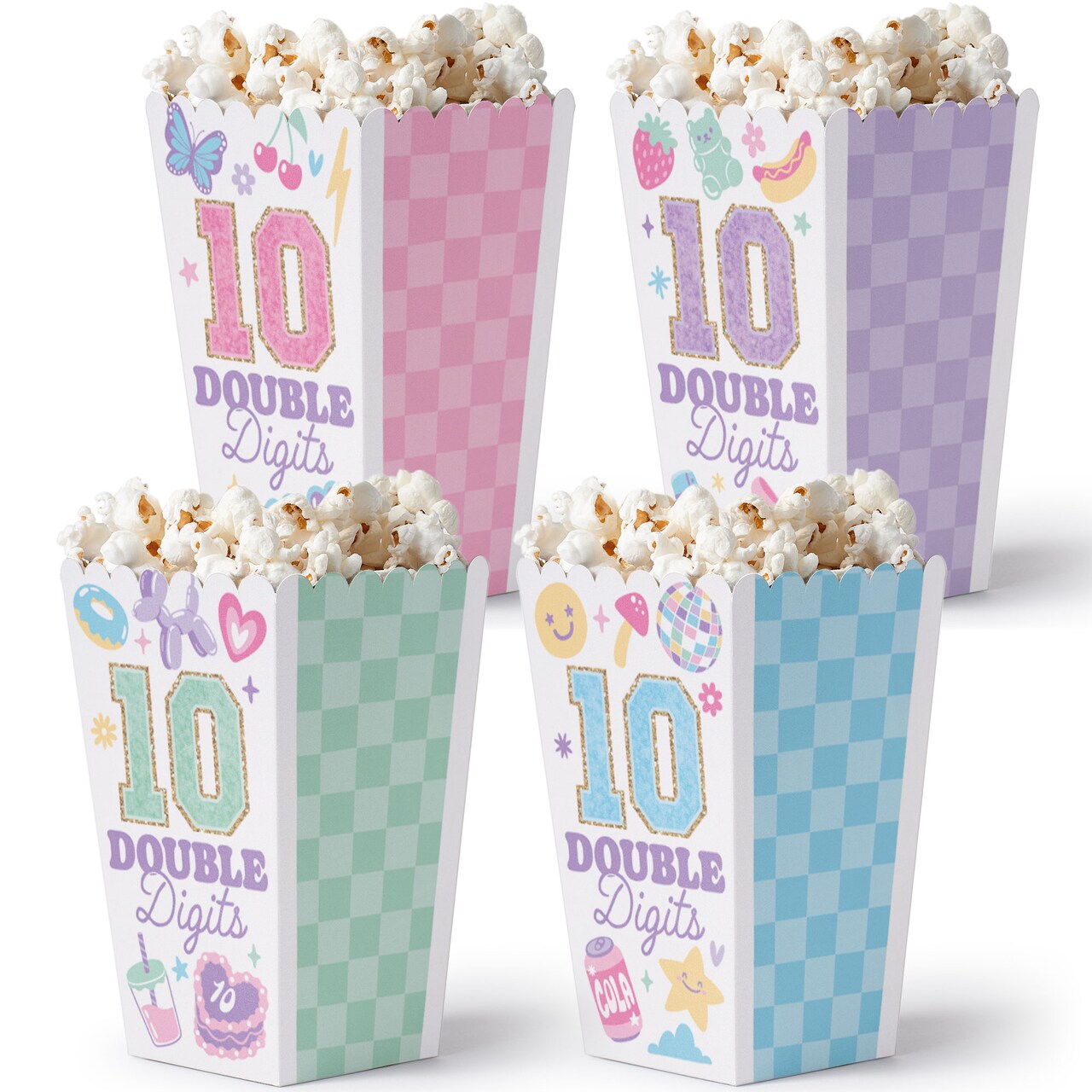 Big Dot of Happiness Preppy 10th Birthday Girl Popcorn Boxes, Pastel Hello Double Digits Favor Paper Containers, Party Treat Boxes - Set of 12